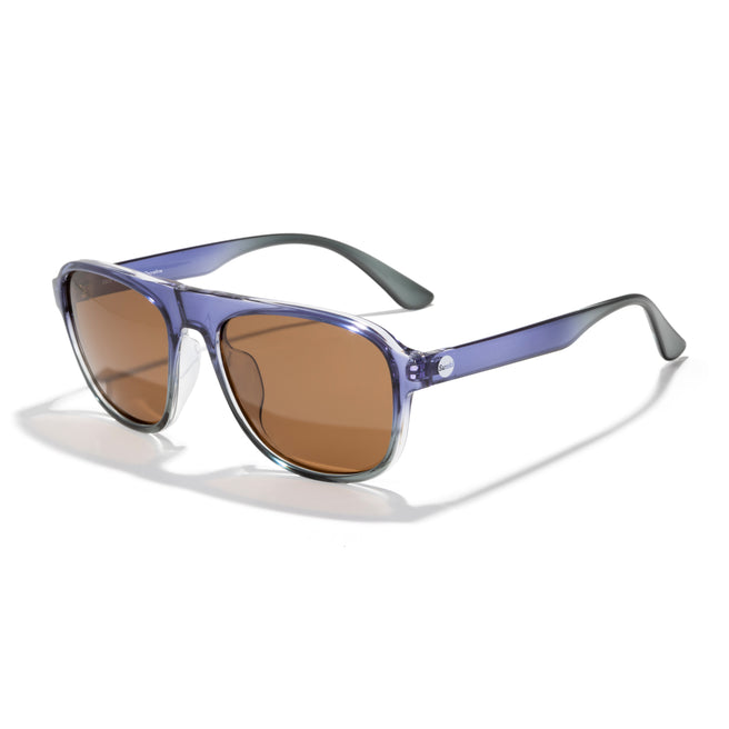 Sunglasses with blue frame and brown lenses on a white background