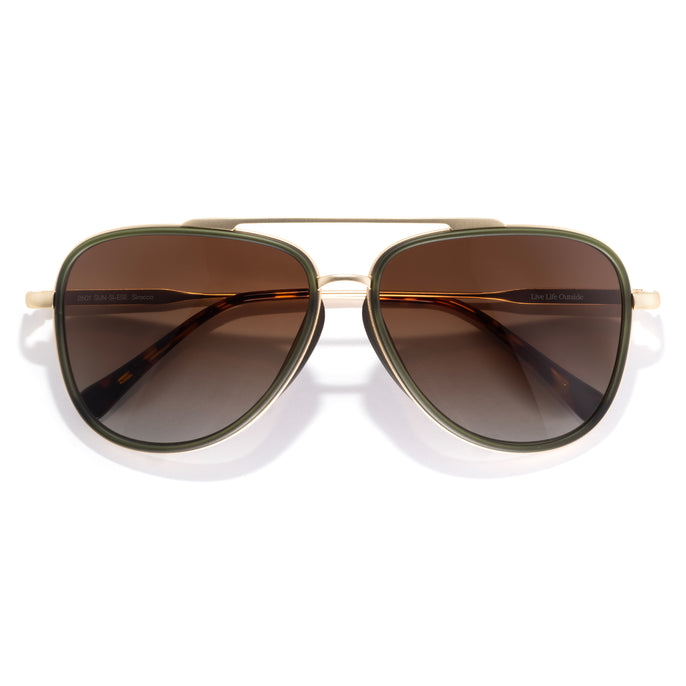Sirocco - Evergreen Sepia - Aviator sunglasses with gold frame and brown gradient lenses on a white background