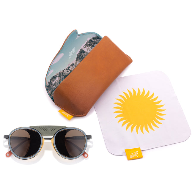 Sunglasses with a carrying hard case, and a microfiber cloth with a sun design.