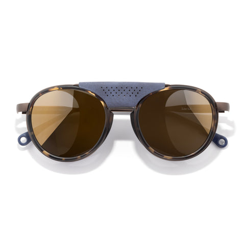 Strada - Tortoise Flash Gold - Sunglasses with brown lenses and blue accents on a white background