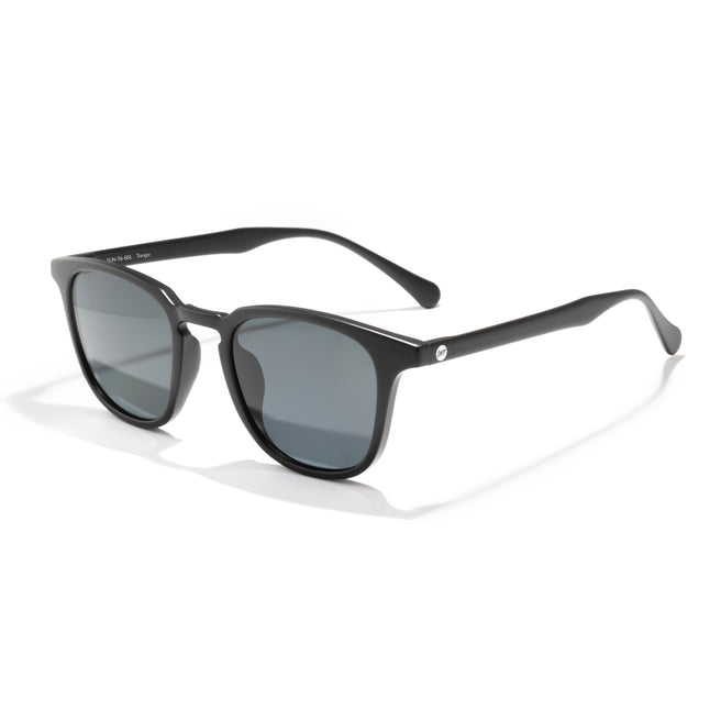 Black sunglasses with dark lenses on a white background