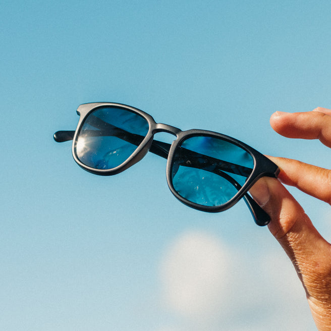 Sunglasses held against a clear blue sky