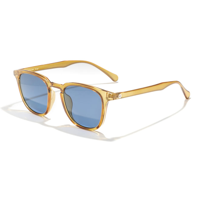 Gold-framed sunglasses with blue lenses on a white background