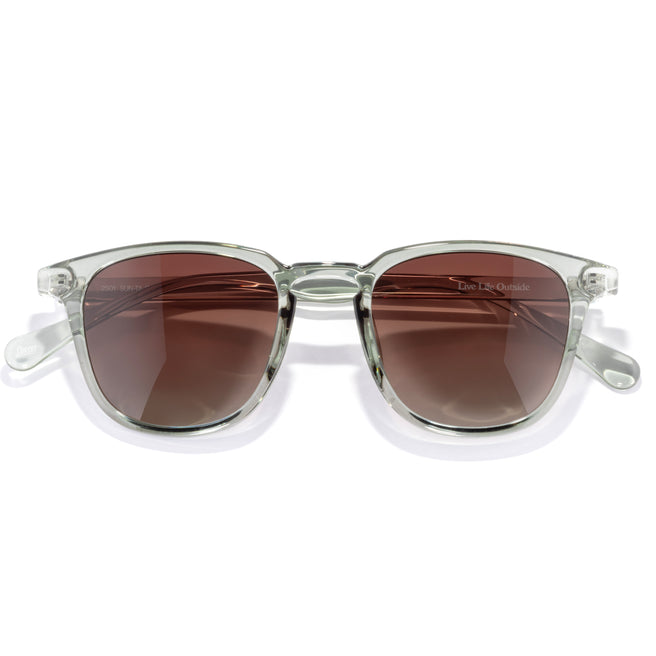 Sunglasses with clear frame and brown lenses on a white background