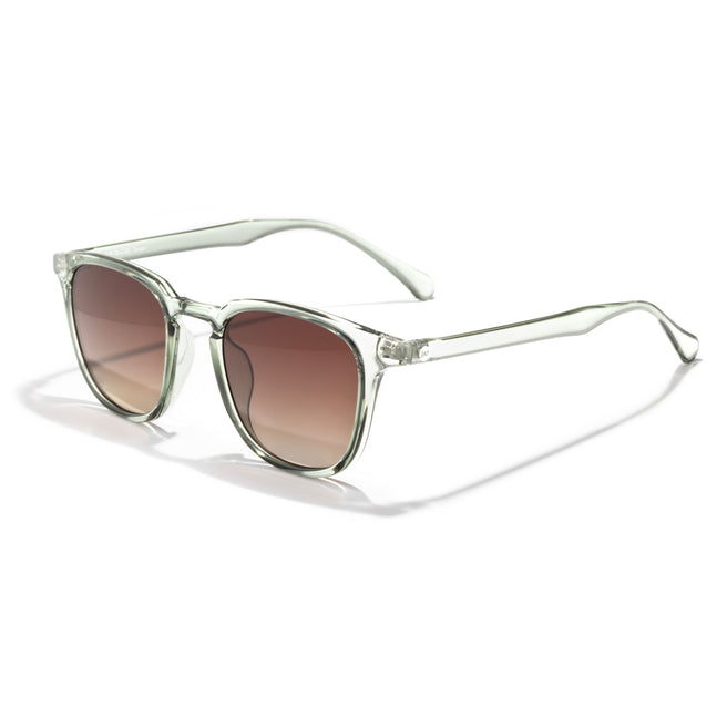Sunglasses with purple gradient lenses and gold frame on a white background