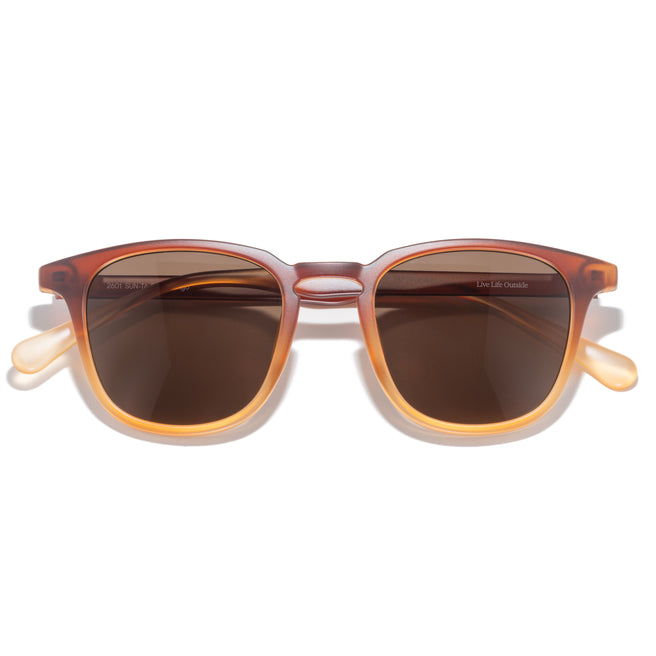Sunglasses with brown gradient lenses and a tortoiseshell frame on a white background
