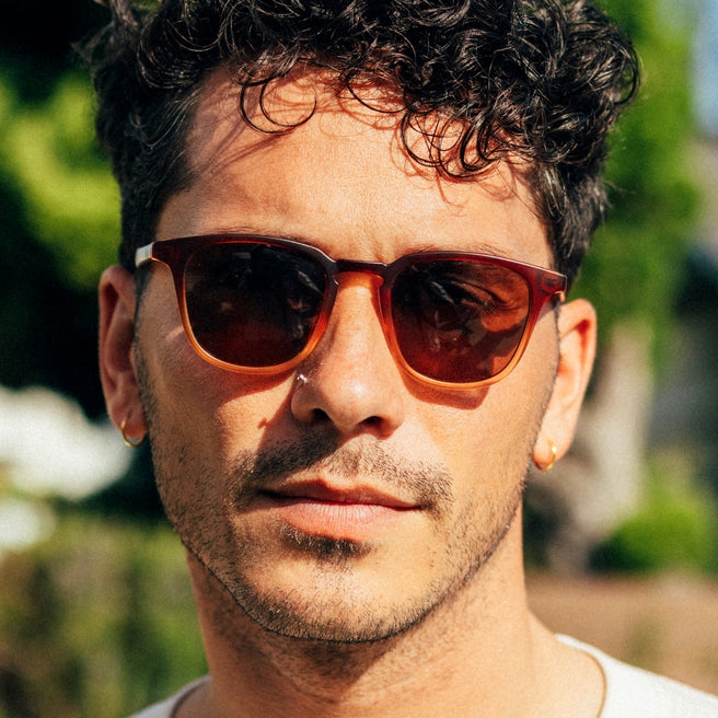 Man wearing sunglasses with a blurred natural background
