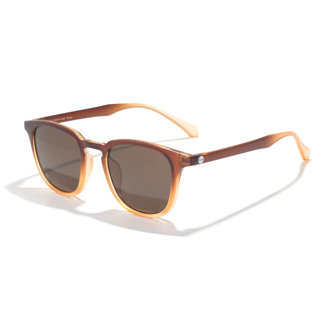 Sunglasses with brown frame and dark lenses on a white background