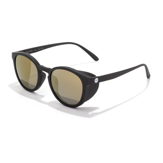 Black sunglasses with gold lenses on a white background