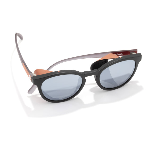 Sunglasses with black frame and reflective lenses on a white background