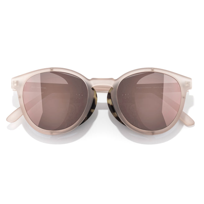 Sunglasses with a beige frame and brown lenses on a white background