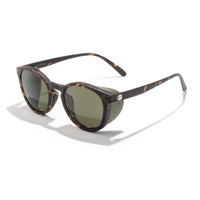 Sunglasses with tortoiseshell frame and dark lenses on a white background