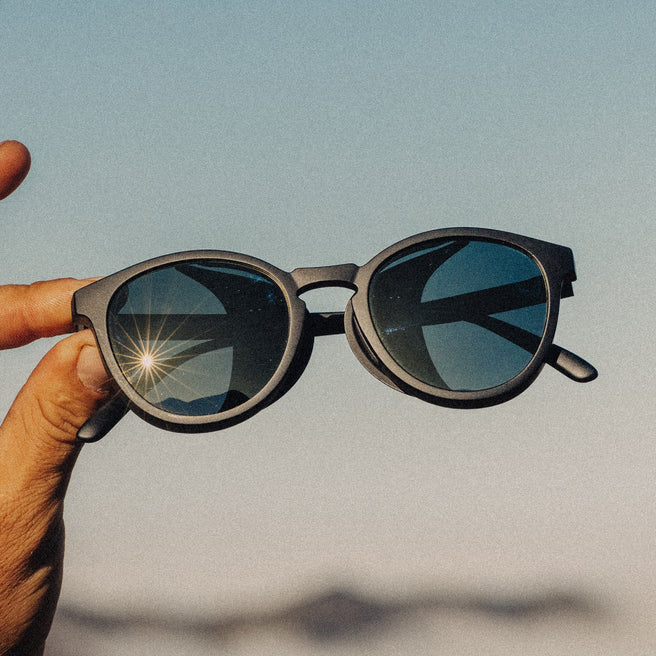 Sunglasses held up against a clear blue sky