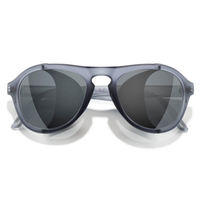 Sunglasses with dark lenses on a white background