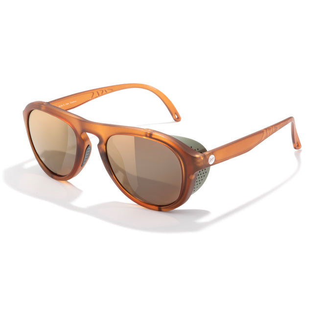Brown sunglasses with a reflective lens on a white background