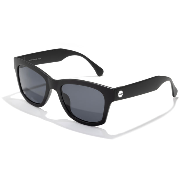 Black sunglasses with dark lenses on a white background