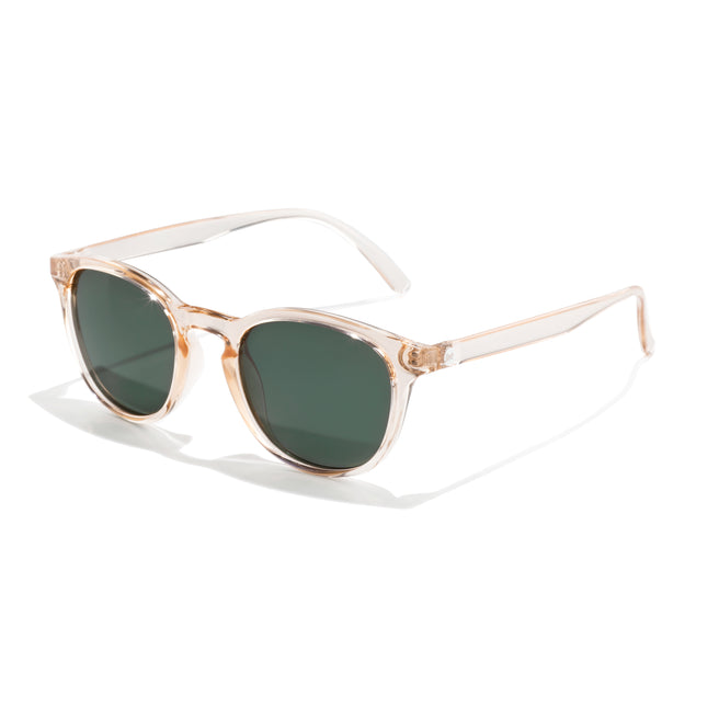 Beige sunglasses with black lenses on a white background