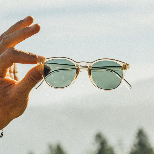 Hand holding a pair of sunglasses with a blurred natural background