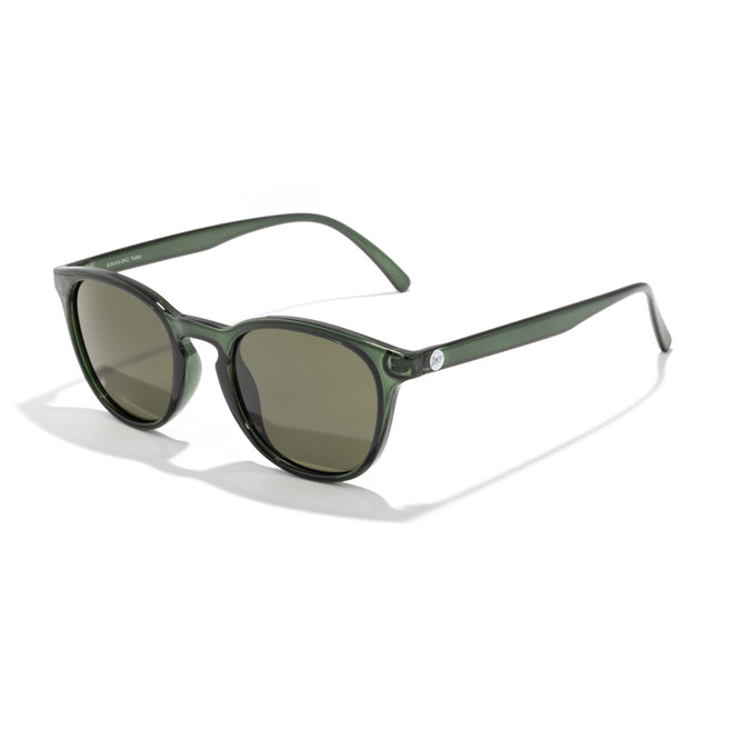 Green sunglasses with dark lenses on a white background