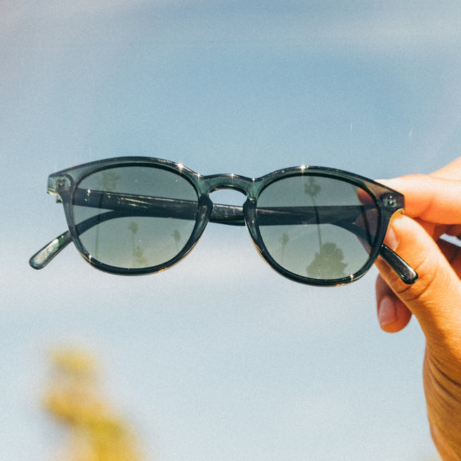 Person holding sunglasses with a blurred background