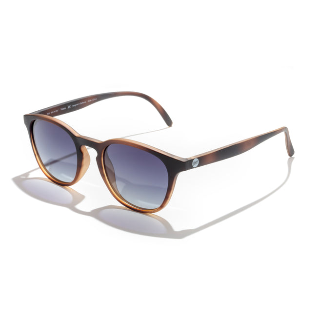 Sunglasses with brown frame and dark lenses on a white background