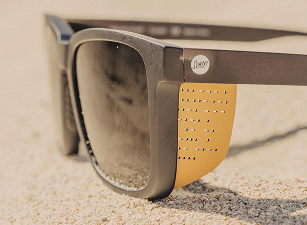 RICH sunski couloir sun shield close up on side of sunglasses